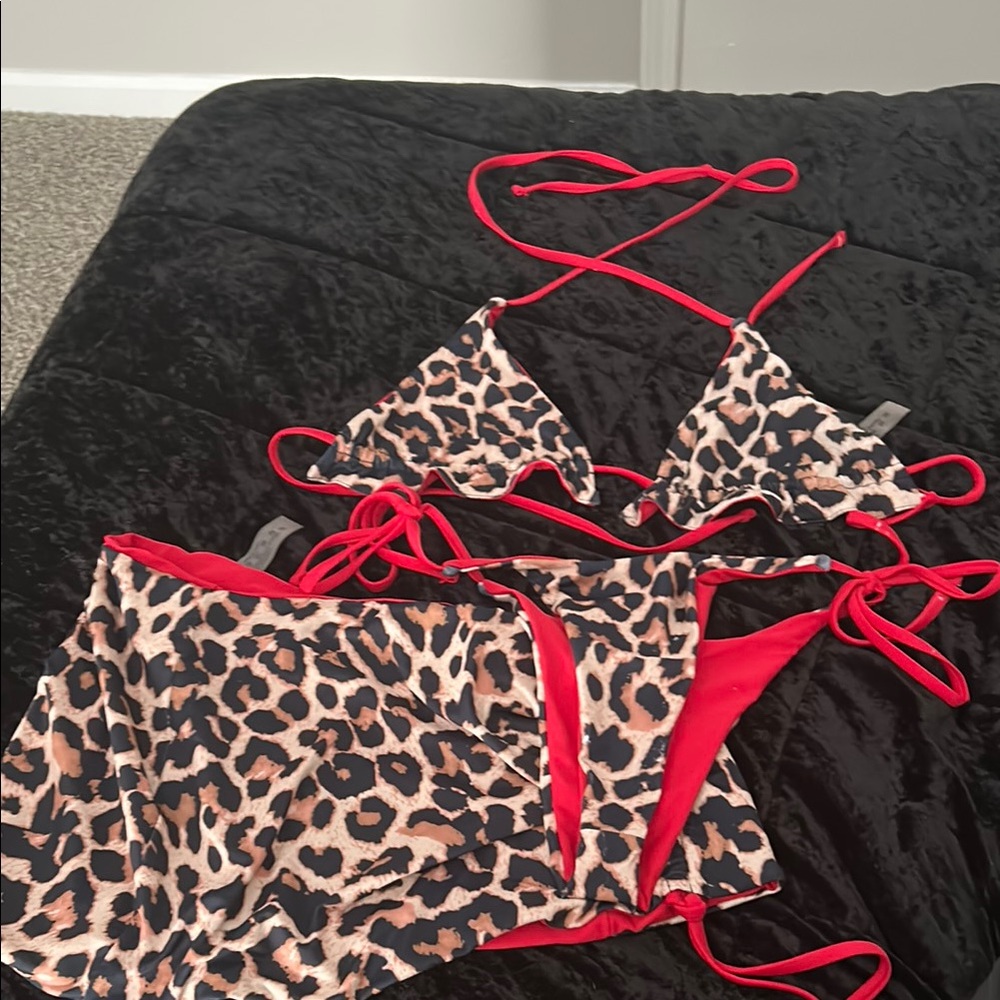 Reversible Leopard Print Bikini Set with Red Accents